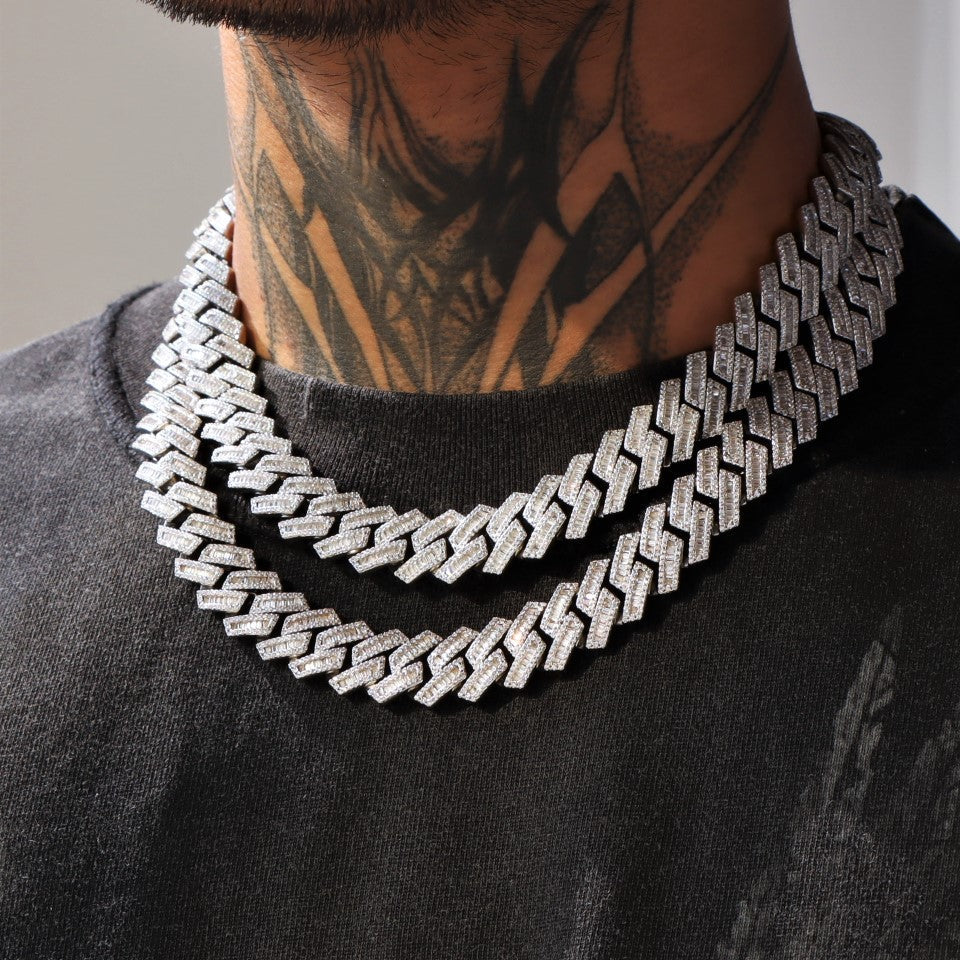 16mm Baguette Diamond Prong Cuban Link Chain