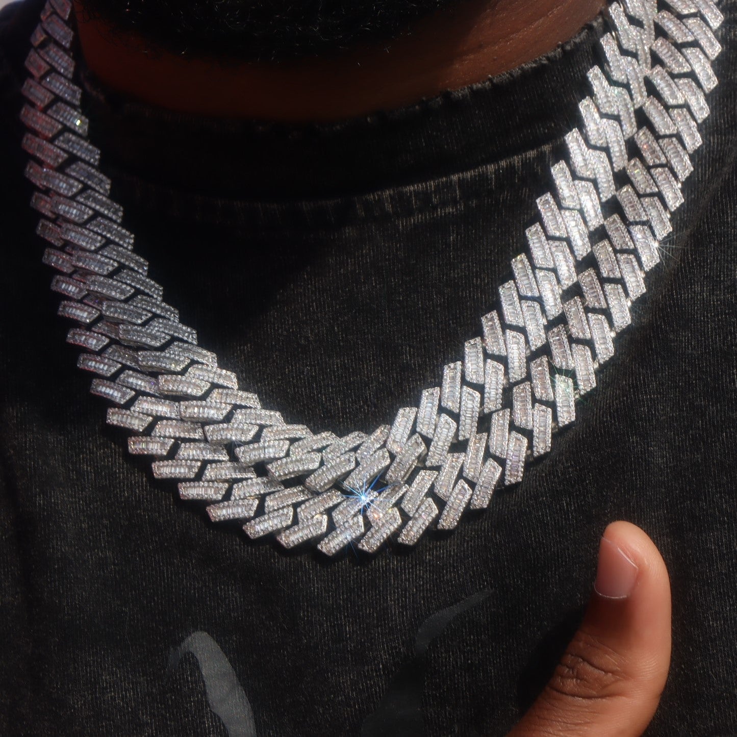 16mm Baguette Diamond Prong Cuban Link Chain