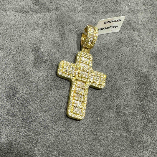 14k Yellow Gold Diamond "Baguette" Iced Bust Down Cross