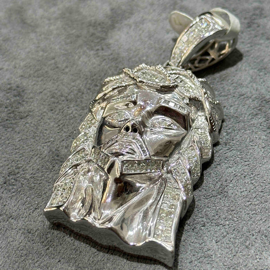 14k Solid White Gold Jesus Piece Iced Bust Down Pendant