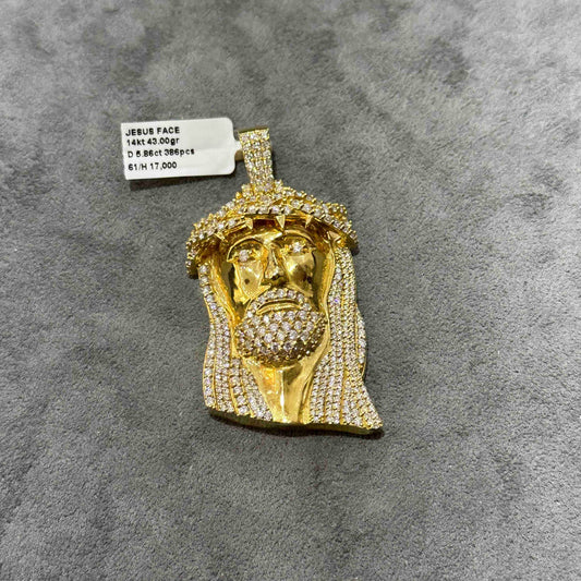 14k Solid Yellow Gold Jesus Piece Iced Bust Down Pendant
