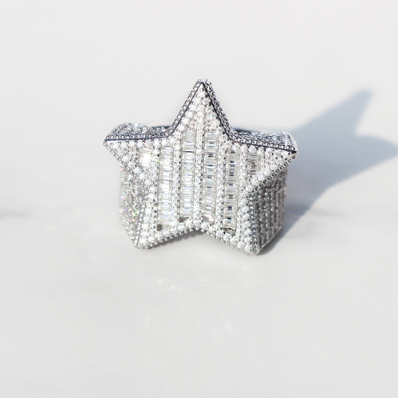 Moissanite Baguette Star Ring in Sterling Silver