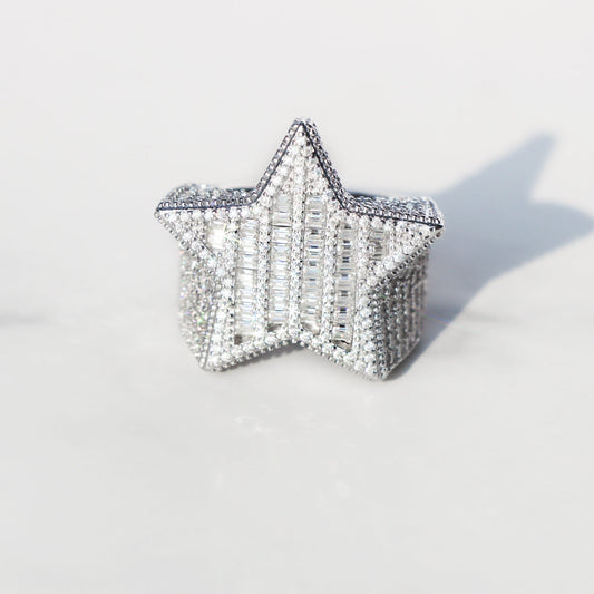 Moissanite Baguette Star Ring in Sterling Silver