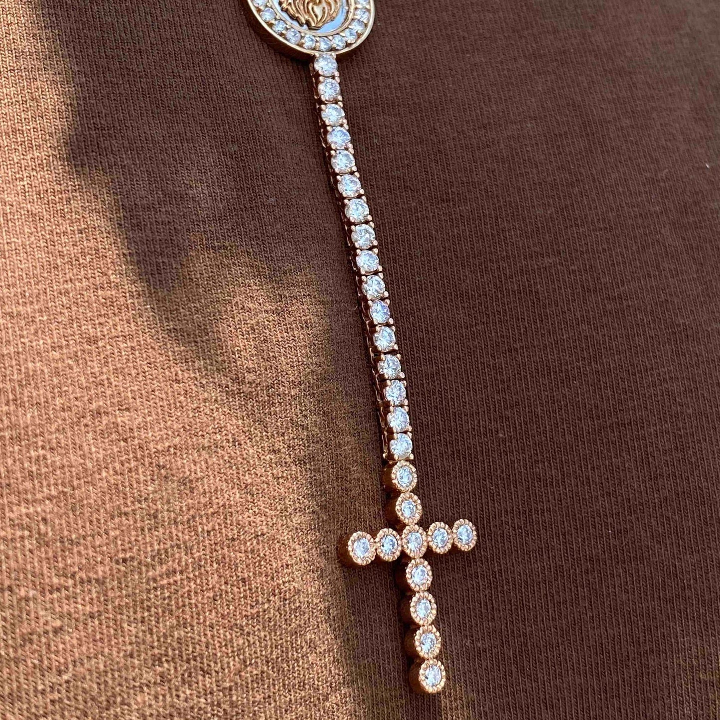14k Diamond Iced Out Tennis Cross Chain