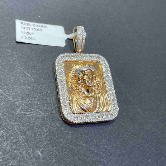 Iced Out Charm Rose Gold 14k Jesus Christ Charm 1.35 CT