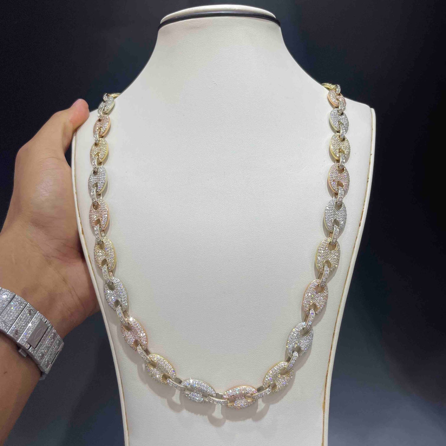 14k Tri-Color Gucci Link Chain Iced Bust Down | 29 cts | 153 G