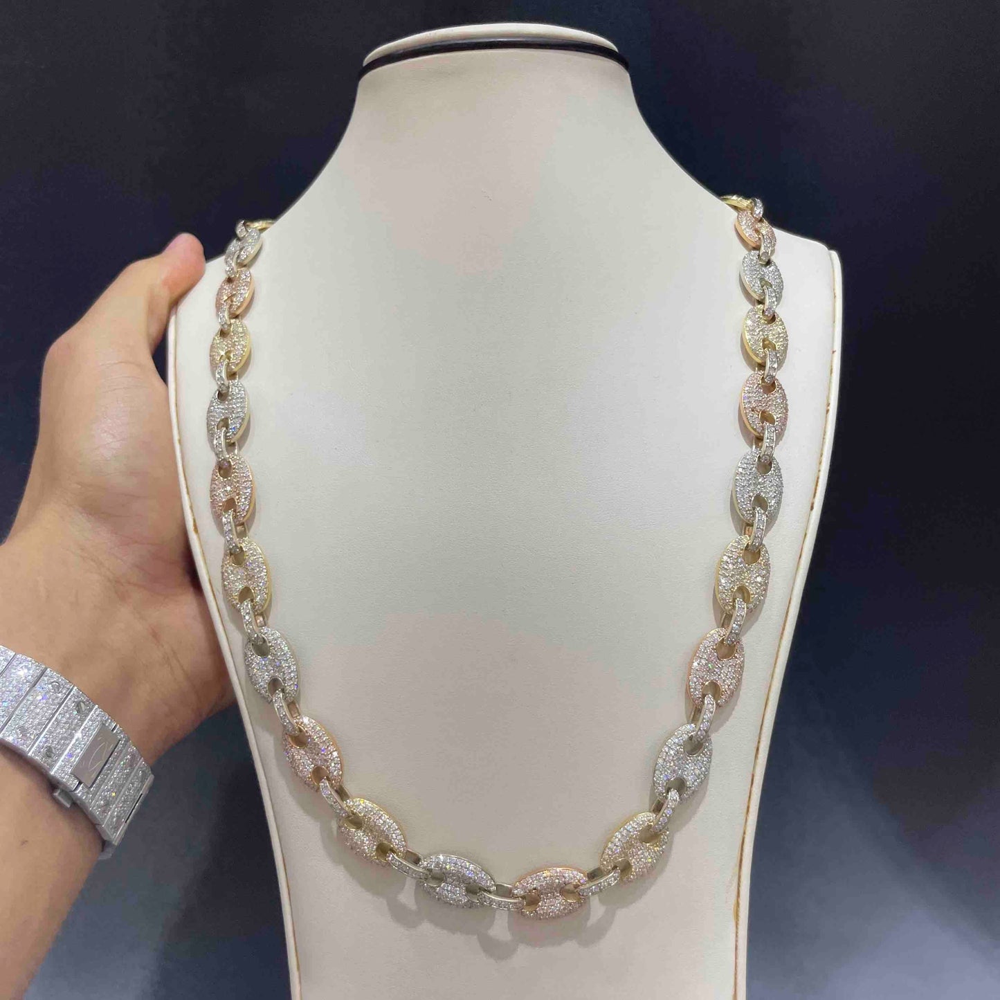 14k Tri-Color Gucci Link Chain Iced Bust Down | 29 cts | 153 G