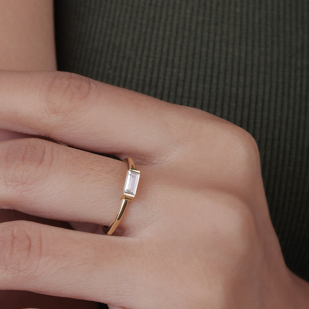East West Solitaire Emerald Cut Diamond Ring