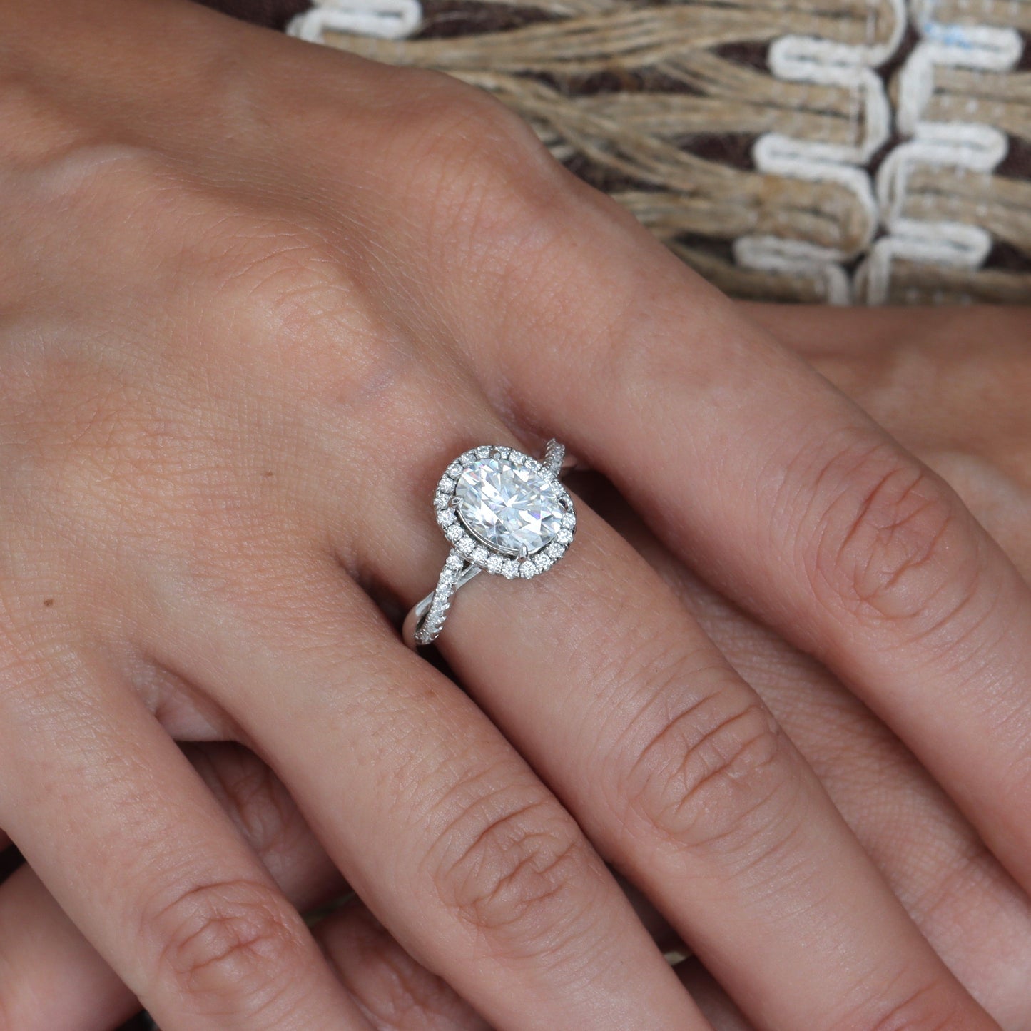 Twisted Vine Halo Oval Cut Moissanite Ring