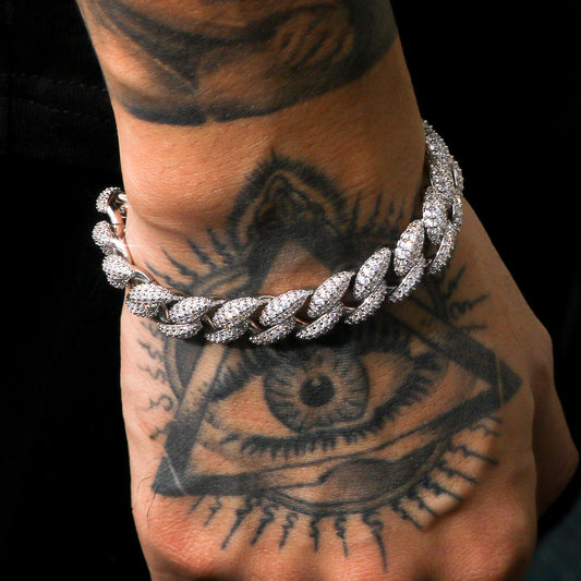 12mm Micro-inlay 3D Iced Cuban Link Bracelet in White Gold Plating
