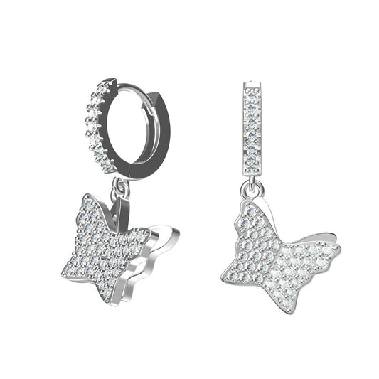 Diamond Butterfly Drop Hoop Earrings