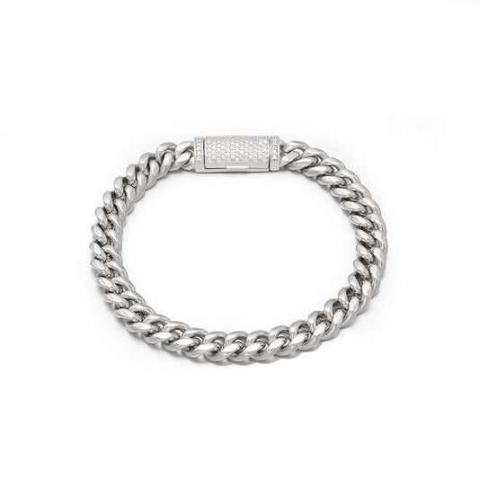 Plain White Gold Cuban Link Bracelet with Moissanite Box Clasp