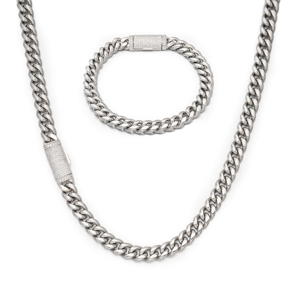8mm Plain White Gold Cuban Link Chain+Bracelet with Moissanite Box Clasp