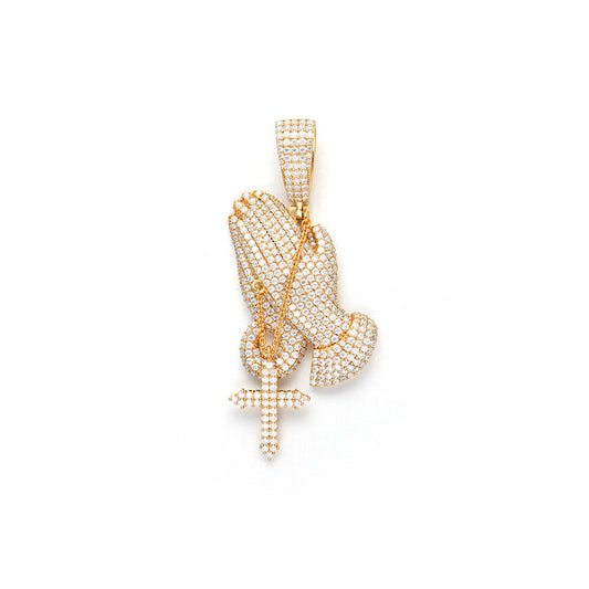 Large Moissanite Prayer Hand Pendant in Sterling Silver